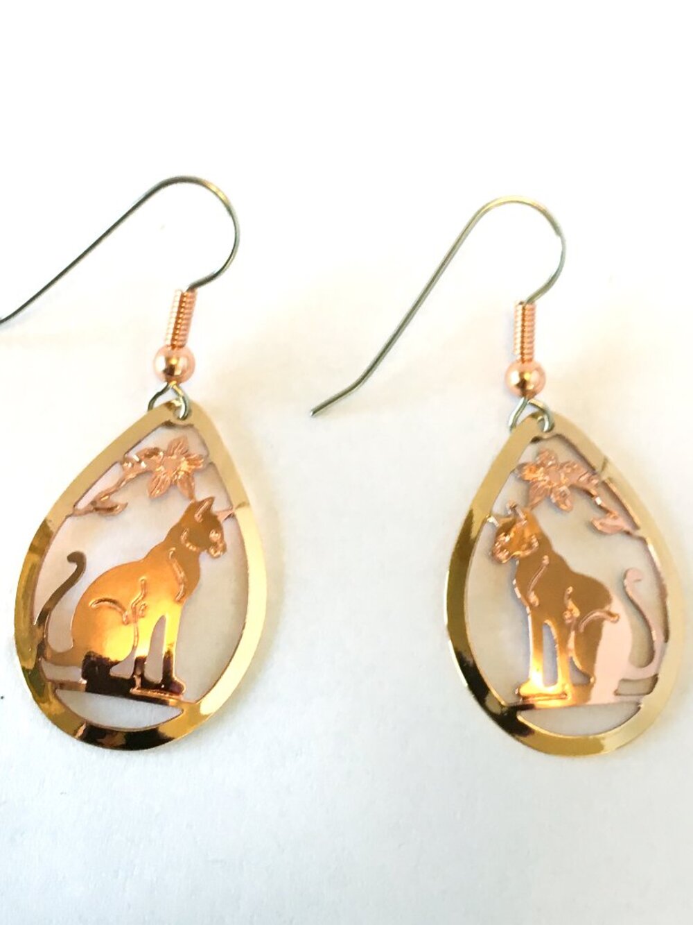 Rose gold and goldtone cat earrings